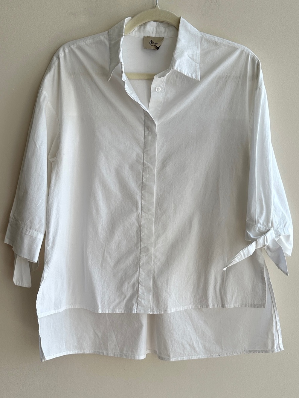 Johanna Paris White Button Down Shirt with Ribbon Tie Sleeves, Size Medium